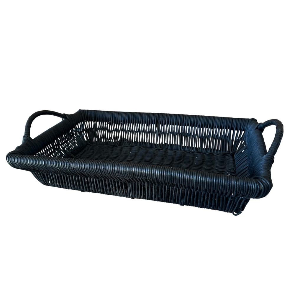 Black Woven Wicker Rectangular Serving Tray Basket with Handles Boho Decor